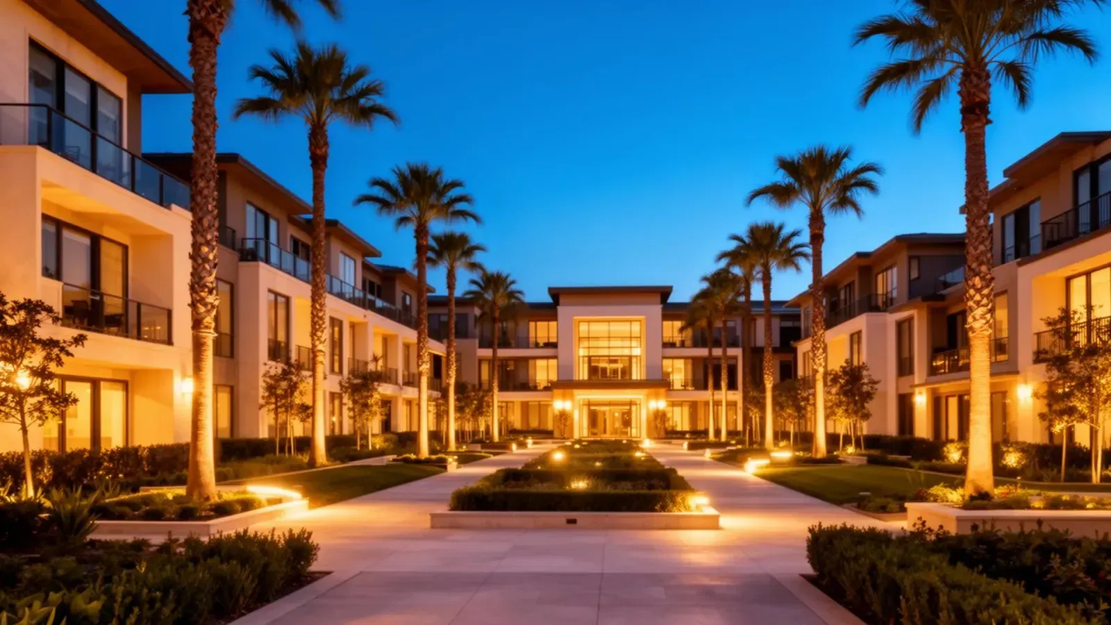 Luxury apartment community at twilight